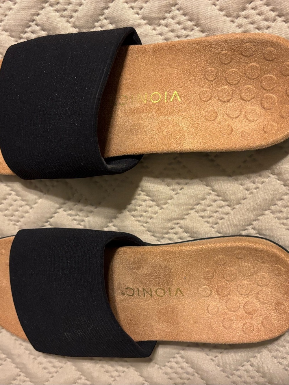 Vionic Black Slide Sandals with Tan Footbed